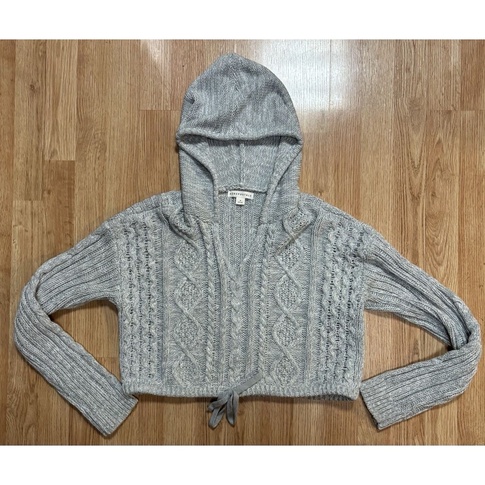 Aeropostle Hoodie Boho  Cable Knit Cropped  Pullover Hooded Sweater Buttons Soft
